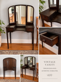 Vintage dark brown wooden vanity table with tri-fold mirror and drawer for bathroom