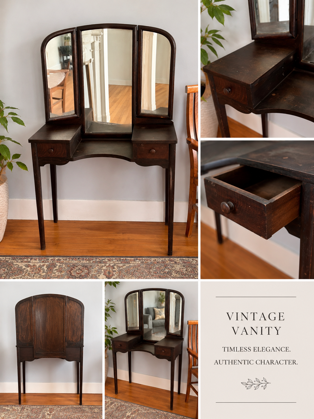 Vintage dark brown wooden vanity table with tri-fold mirror and drawer for bathroom