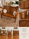 Vintage mission-style wooden bench chair, warm honey-brown stained finish, sturdy slatted design