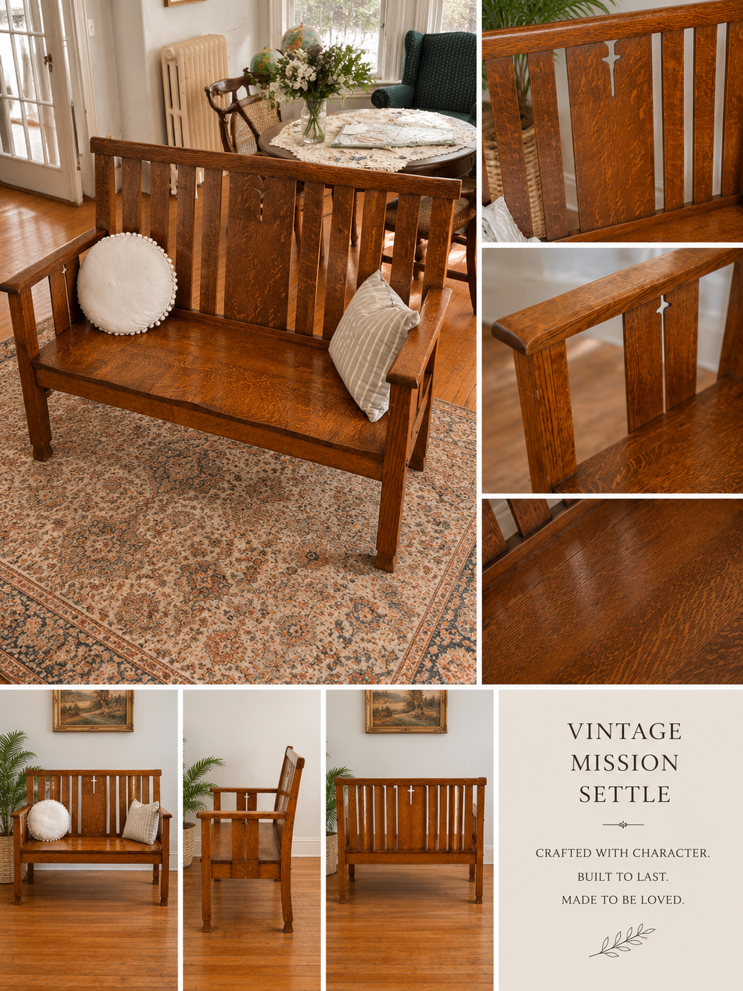 Vintage mission-style wooden bench chair, warm honey-brown stained finish, sturdy slatted design