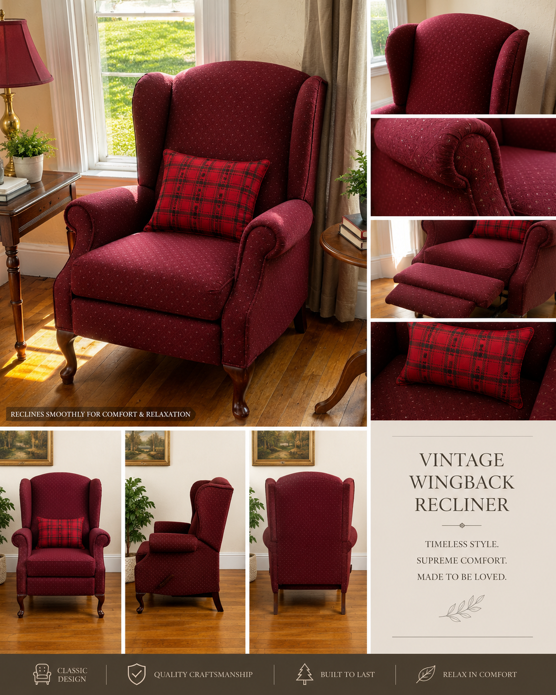 Vintage wingback recliner armchair, burgundy fabric with diamond pattern and plaid cushion, wooden legs