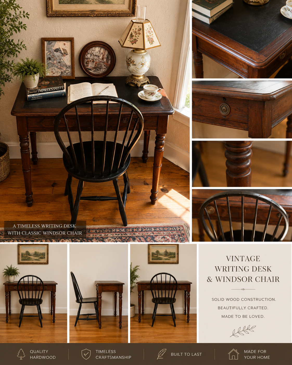 Vintage writing desk with classic Windsor chair, solid wood, dark finish set with black spindle back
