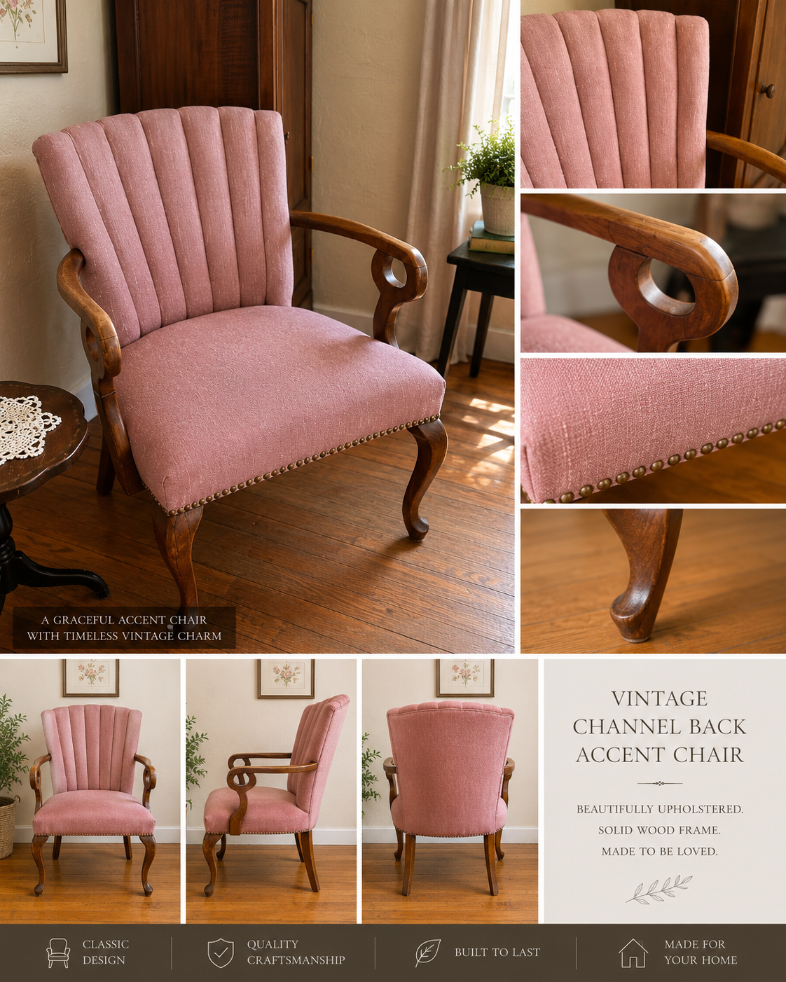 Vintage accent chair in dusty rose fabric with button-tufted back, solid wood frame, nailhead trim