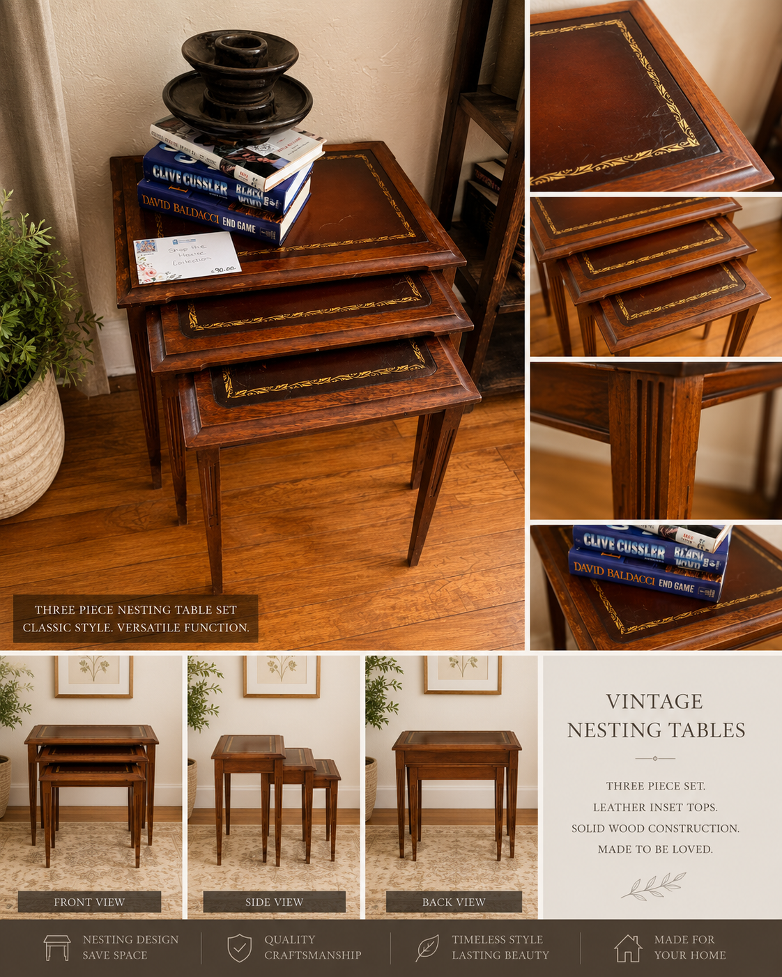Vintage nesting tables by Rosewood House in warm brown wood with three piece nesting set