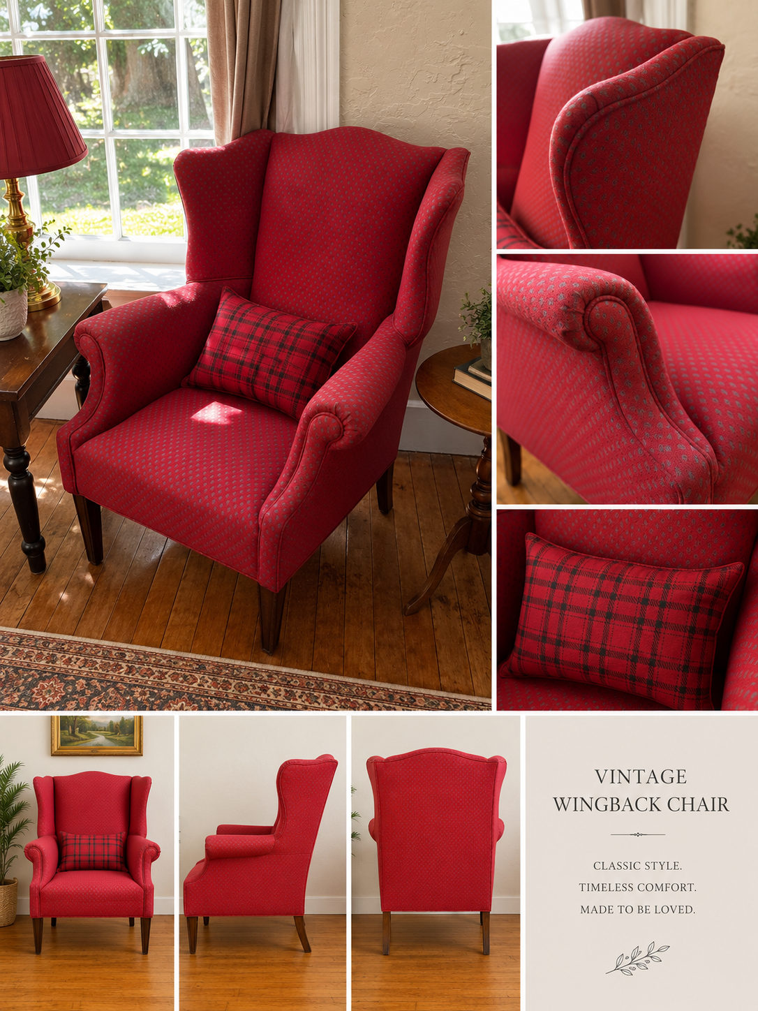 Vintage wingback armchair in red patterned fabric with plaid accent cushion, classic timeless comfort